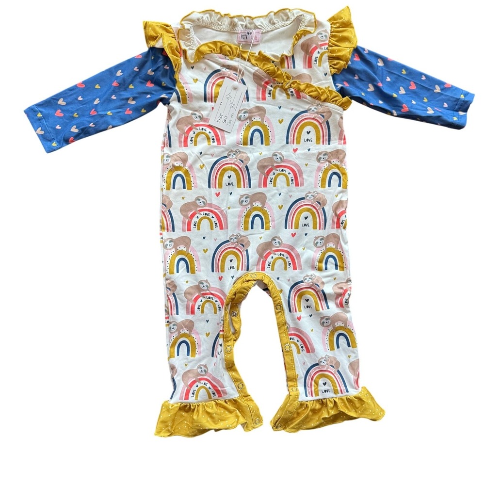 NEW Pete + Lucy Ruffle Girls‎ 12-18 Months The Sloth Life Romper Outfit Yellow